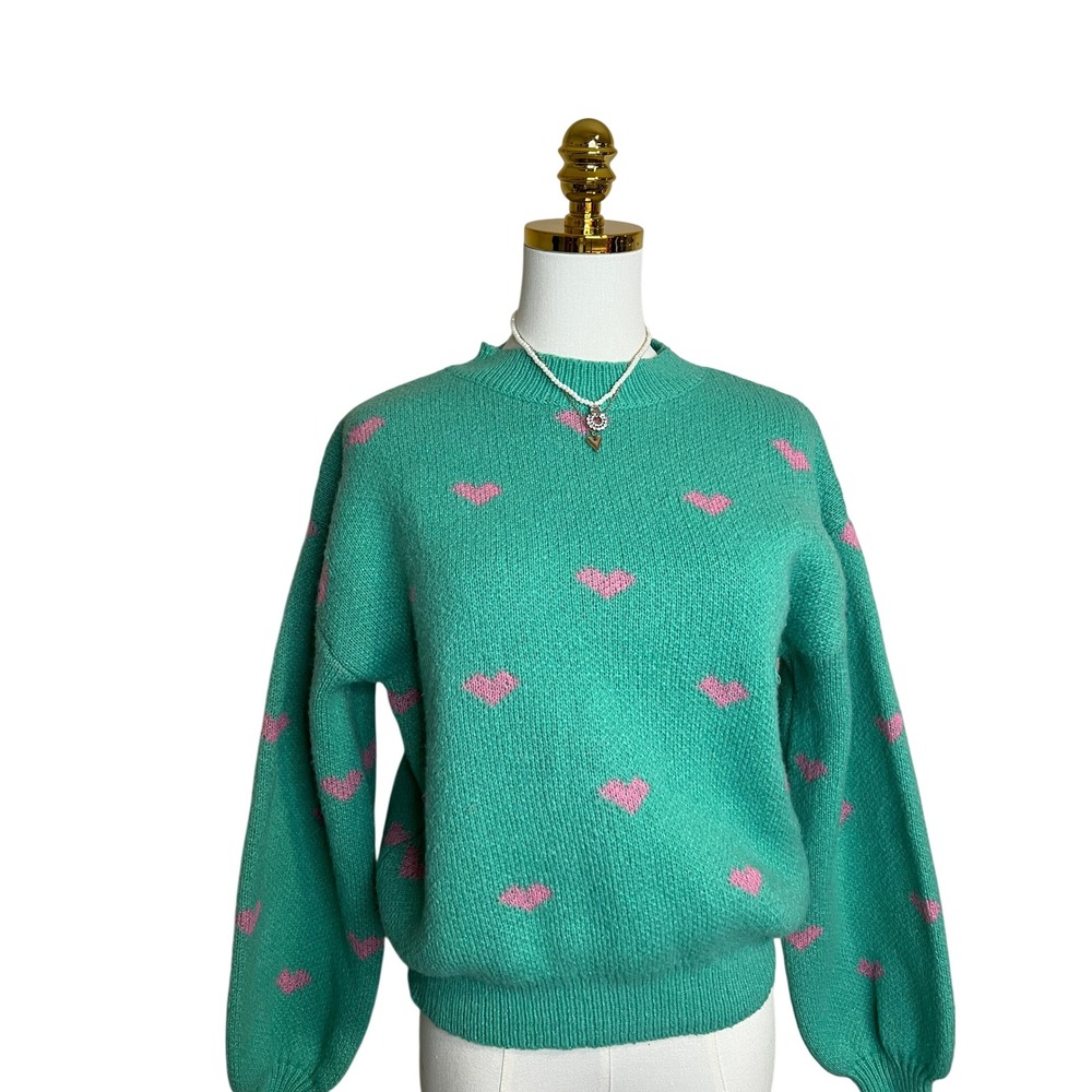 Womens Mint Green Pink Heart Pattern Knit Sweater Balloon Sleeve Crewneck